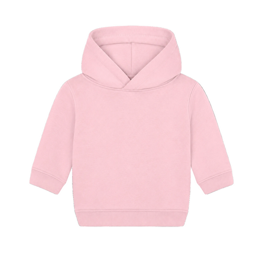Einfarbiger Baby-Kapuzenpullover in Rosa ohne Kängurutasche, mit überlappender Kapuze und breiten Rippbündchen an Ärmeln und Saum.