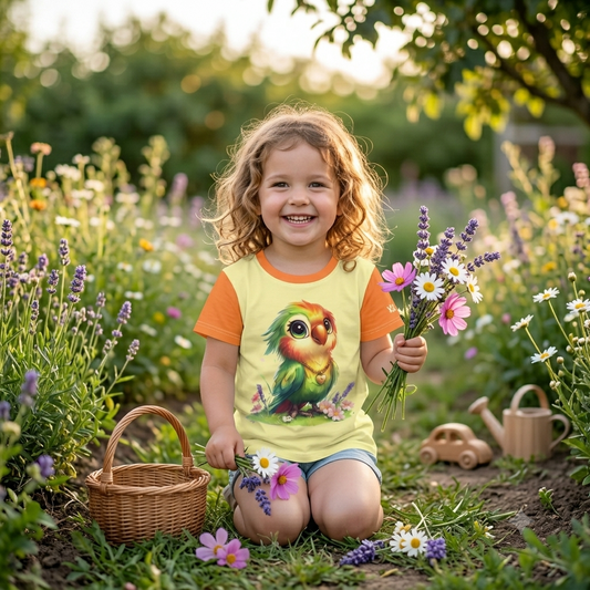 Gelbes Kinder T-Shirt mit orangefarbenen Ärmeln und dem Aufdruck eines niedlichen, bunten Papageien mit großen Augen und Herz-Halskette, umgeben von kleinen Blumen.