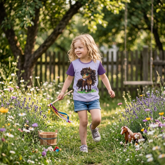 Fliederfarbenes Kinder T-Shirt mit dunkelvioletten Ärmeln und Motiv eines illustrierten braunen Ponys mit großen grünen Augen auf einer Wiese.