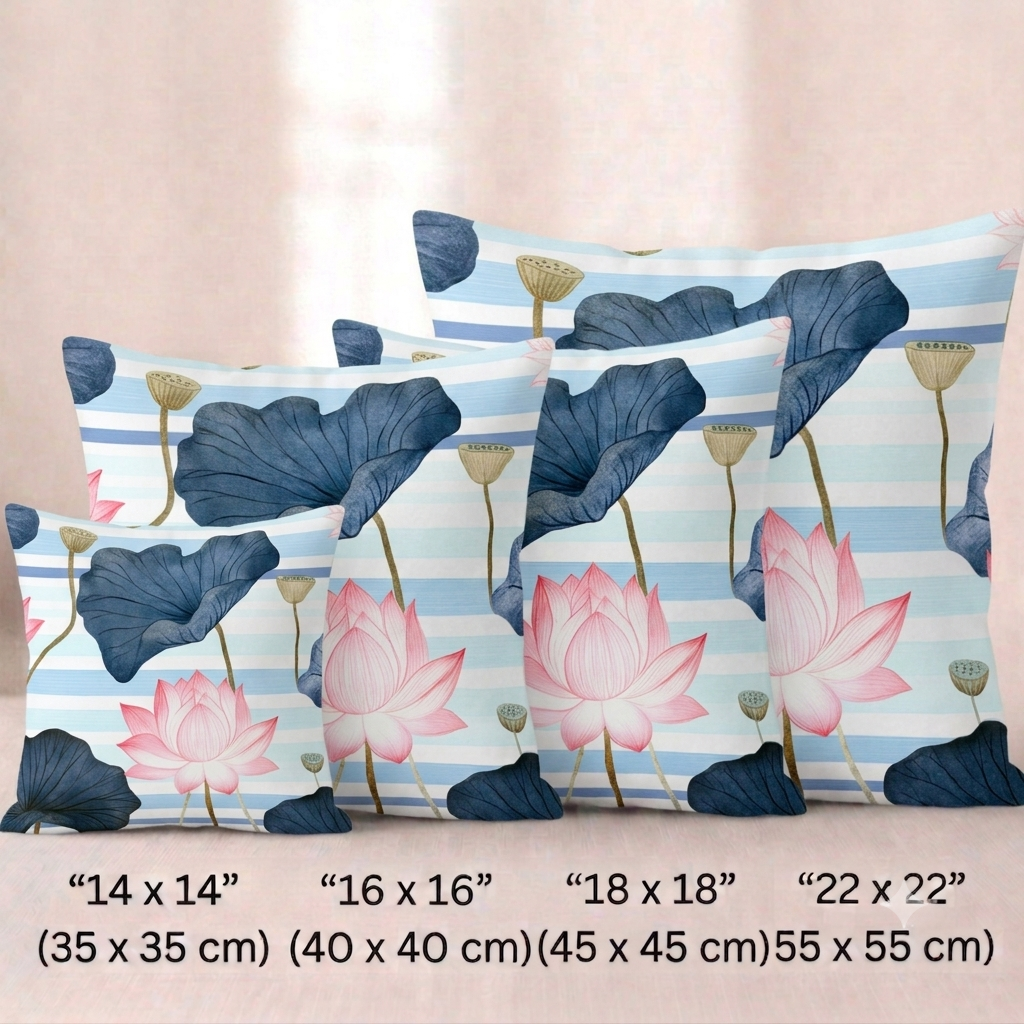 Vier quadratische Baumwoll Kissen-bezüge mit Lotus-Motiv in den Größen 45x45 cm und 55x55 cm vor hellem Hintergrund. Das Design zeigt rosa Lotusblüten, große dunkelblaue Blätter und goldene Samenkapseln auf einem Hintergrund aus hellblau-weiß gestreiften Aquarell-Querstreifen.