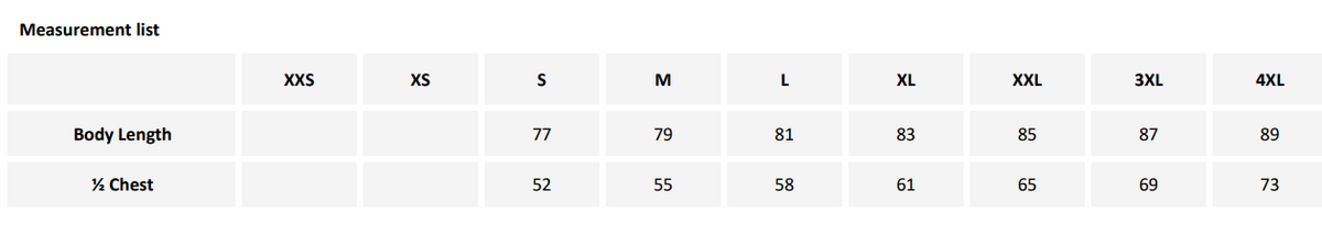 Größentabelle für Herren mit Maßangaben zur Auswahl der passenden Größe.