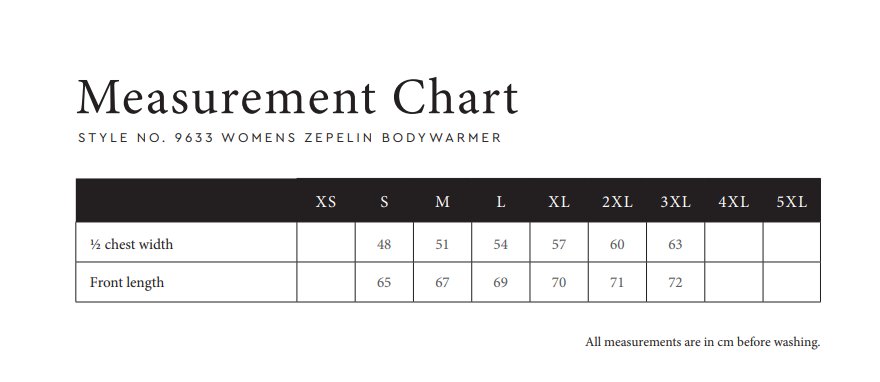 Größentabelle für Damen mit Maßangaben zur Auswahl der passenden Größe.