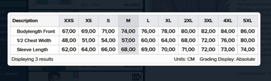 Größentabelle für Unisex mit Maßangaben zur Auswahl der passenden Größe.