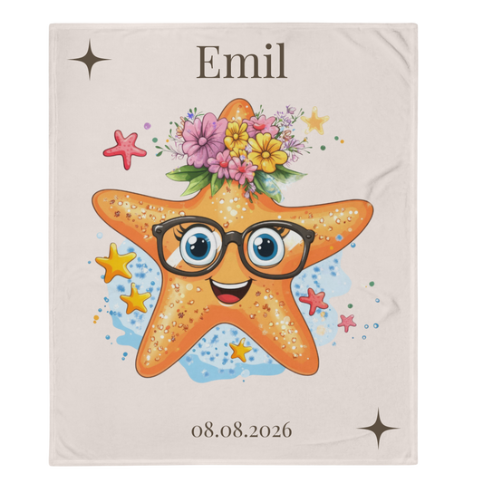 Kuscheldecke Robby mit orangefarbenem Seestern, schwarzer Brille, blauen Augen und buntem Blumenkranz