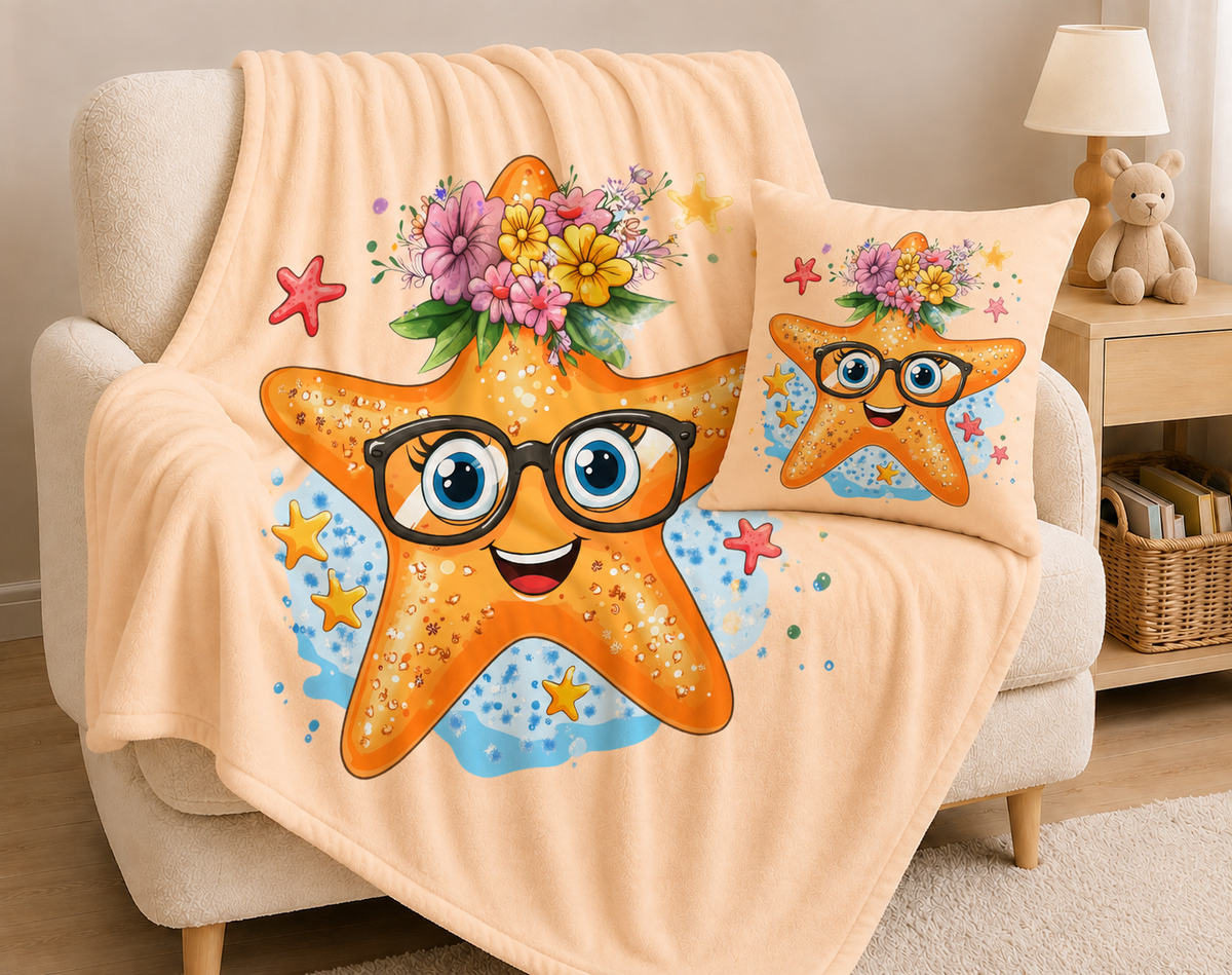 Kuschelkissen Robby mit orangefarbenem Seestern, schwarzer Brille, blauen Augen und buntem Blumenkranz