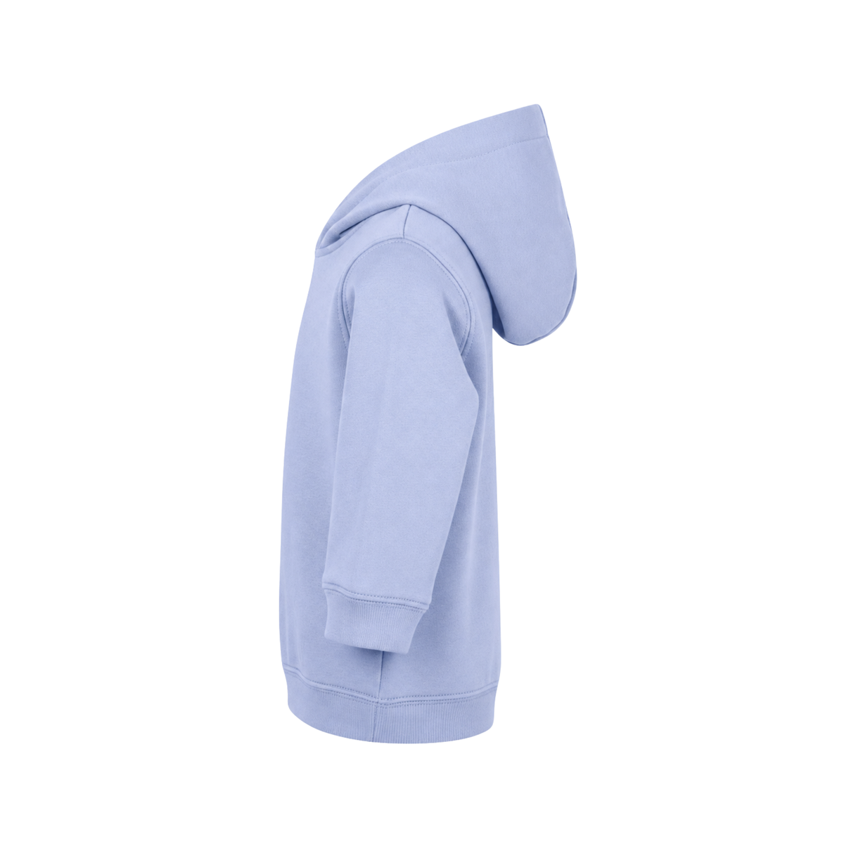 Einfarbiger Baby-Kapuzenpullover in Hellblau ohne Kängurutasche, mit überlappender Kapuze und breiten Rippbündchen an Ärmeln und Saum.