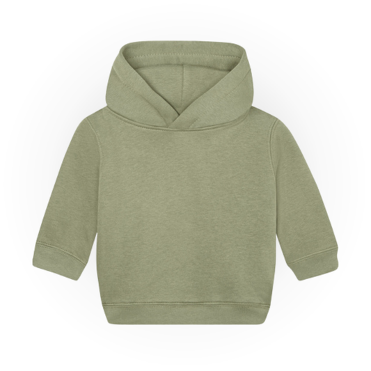 Einfarbiger Baby-Kapuzenpullover in Olive ohne Kängurutasche, mit überlappender Kapuze und breiten Rippbündchen an Ärmeln und Saum.