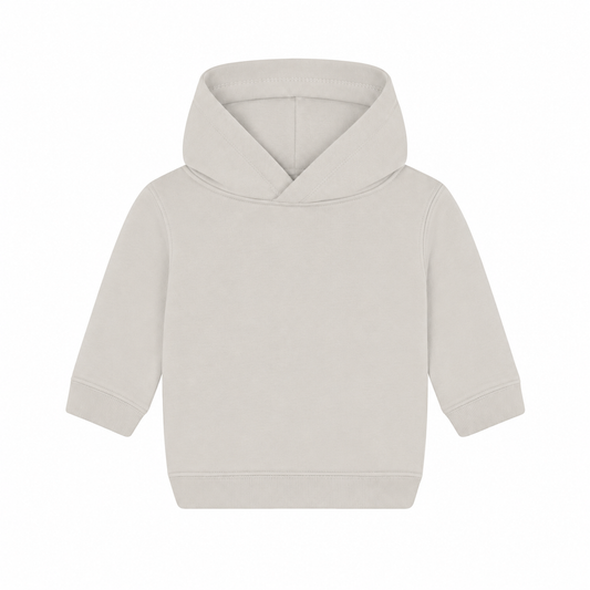 Einfarbiger Baby-Kapuzenpullover in Natural ohne Kängurutasche, mit überlappender Kapuze und breiten Rippbündchen an Ärmeln und Saum.