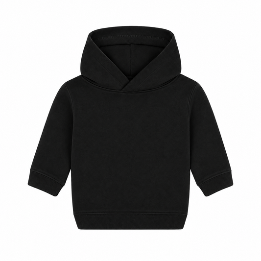 Einfarbiger Baby-Kapuzenpullover in schwarzer Tinte ohne Kängurutasche, mit überlappender Kapuze und breiten Rippbündchen an Ärmeln und Saum.