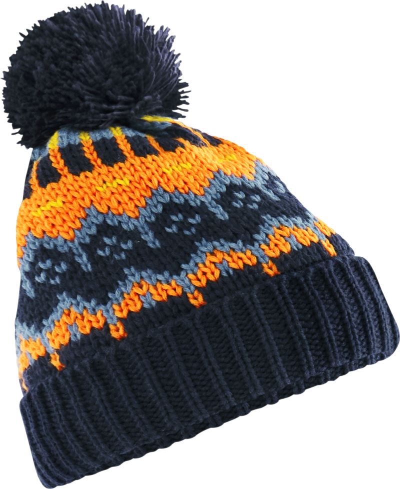 Unisex Strickmütze in blazing blue (Navy blau mit gelb helblauen Muster) und navy blauen Bommel sowie einem breitem Umschlag mit strukturiertem Strickmuster.