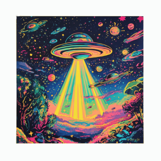 Surrealistische Pop-Art-Illustration eines leuchtenden UFOs, das einen gelben Lichtstrahl auf eine neonfarbene Landschaft wirft, umgeben von bunten Planeten im dunklen Weltall, gerahmt in dünnem Gold.