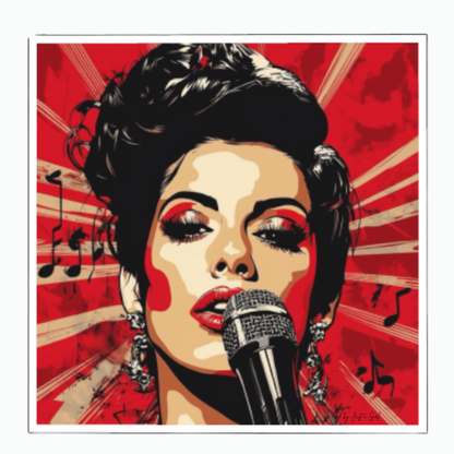Pop-Art-Portrait einer legendären Soul Diva (A. Winehouse) mit Hochsteckfrisur und Mikrofon vor einem rot-strahlenförmigen Hintergrund mit Notensymbolen, gerahmt in Schwarz.