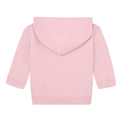 Einfarbiger Baby-Kapuzenpullover in Rosa ohne Kängurutasche, mit überlappender Kapuze und breiten Rippbündchen an Ärmeln und Saum.