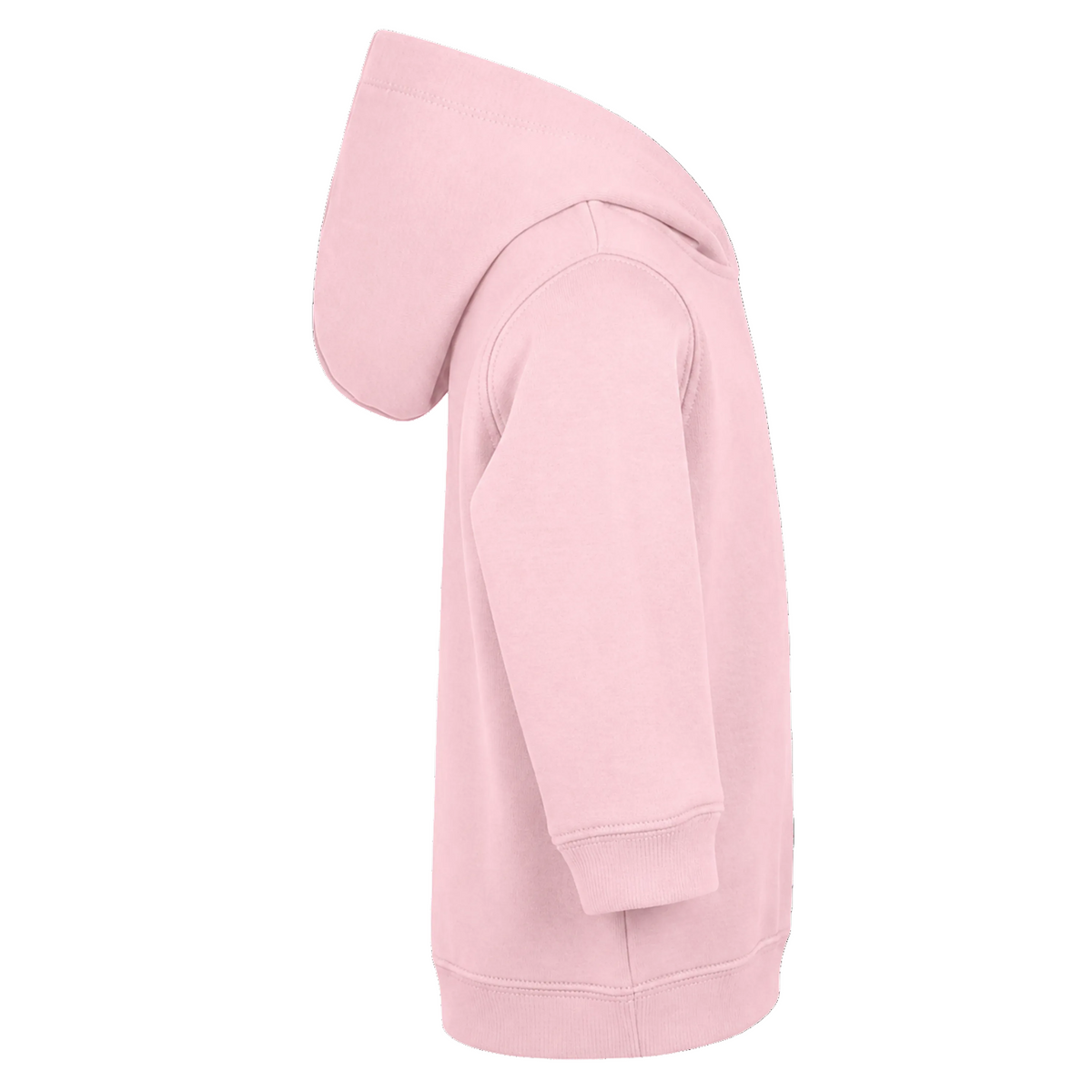 Einfarbiger Baby-Kapuzenpullover in Rosa ohne Kängurutasche, mit überlappender Kapuze und breiten Rippbündchen an Ärmeln und Saum.