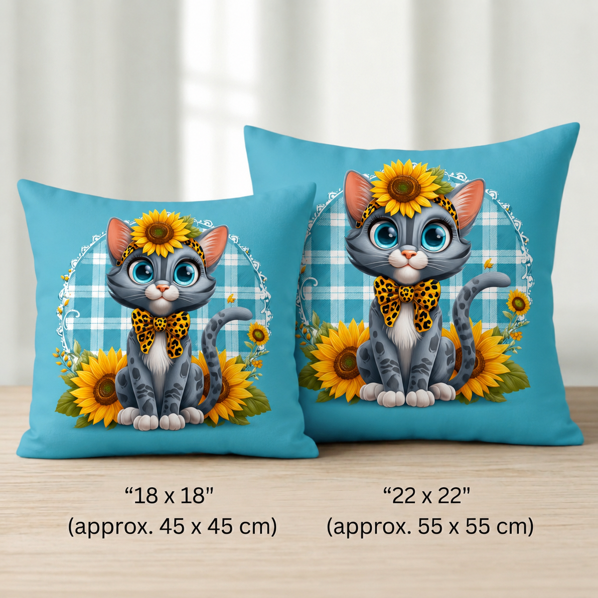 Kuschelkissen Sophia mit grauer Katze, Sonnenblumen und türkisem Karomuster sowie petrolgrünem Hintergrund
