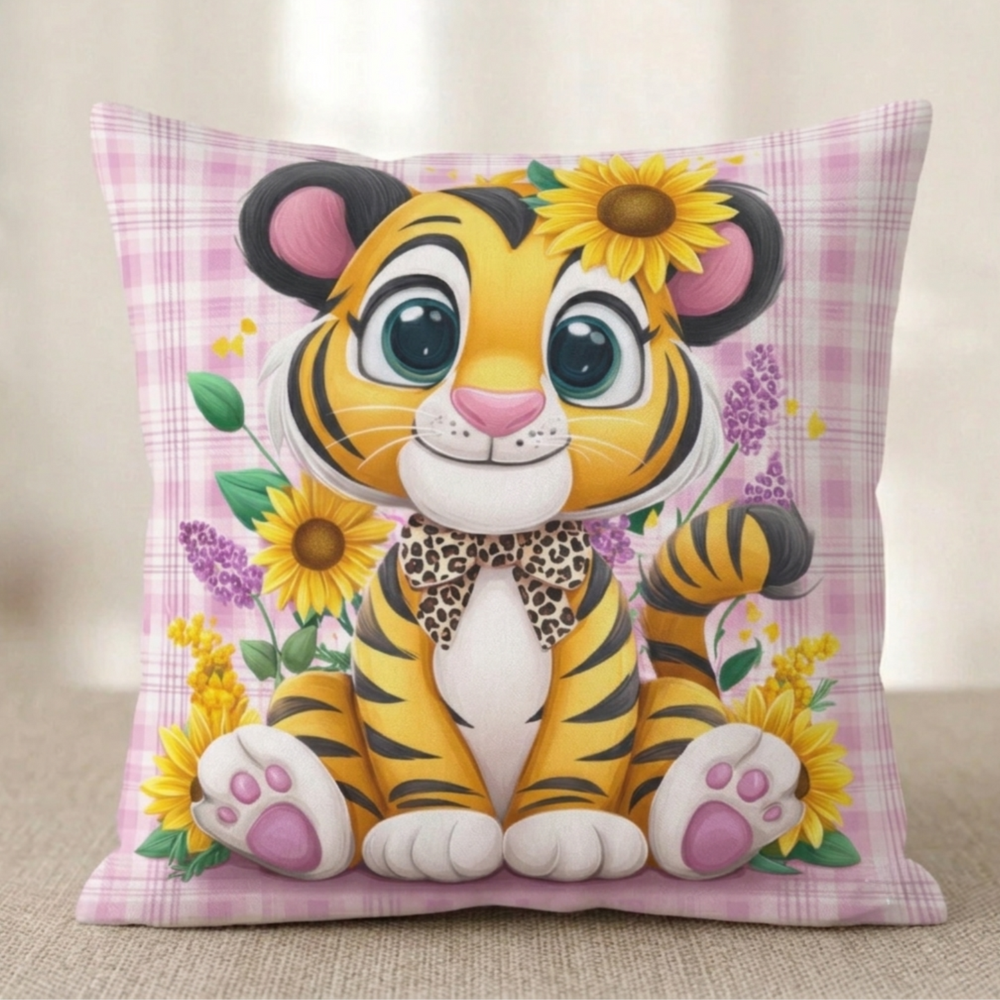 Baumwoll-Kissenhülle mit der Illustration eines sitzenden Tigers mit Sonnenblumenblüte auf rosa-weiß kariertem Muster.