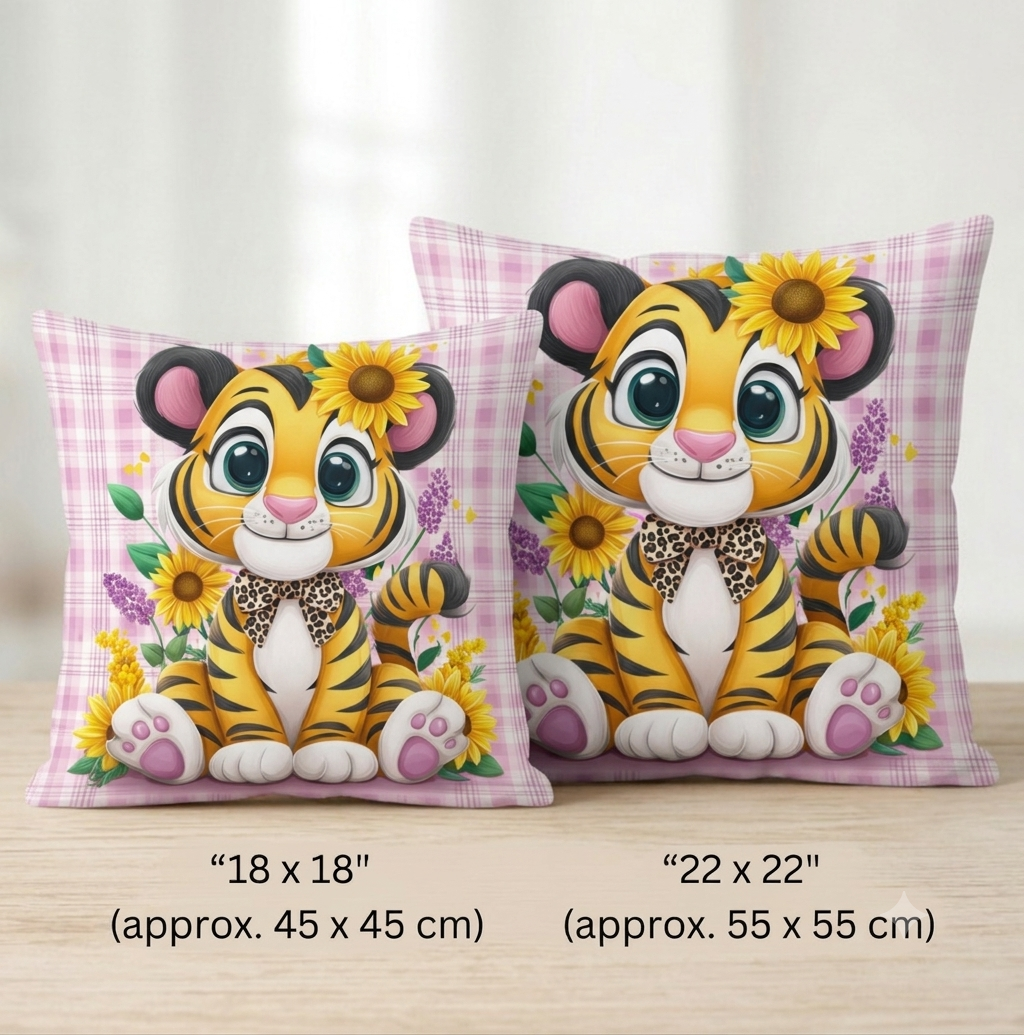 Baumwoll-Kissenhülle mit der Illustration eines sitzenden Tigers mit Sonnenblumenblüte auf rosa-weiß kariertem Muster.