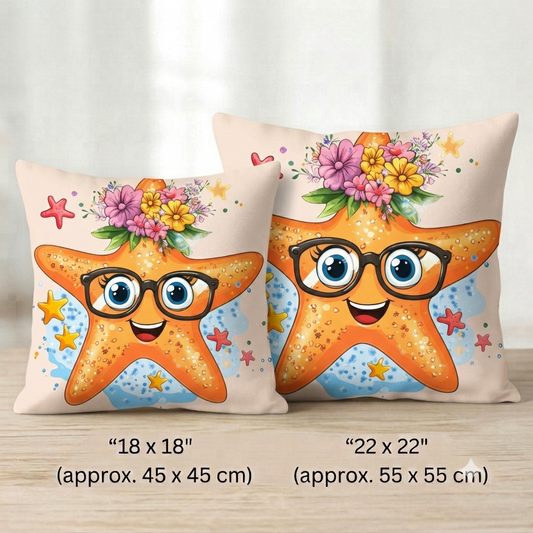 Kuschelkissen Robby mit orangefarbenem Seestern, schwarzer Brille, blauen Augen und buntem Blumenkranz