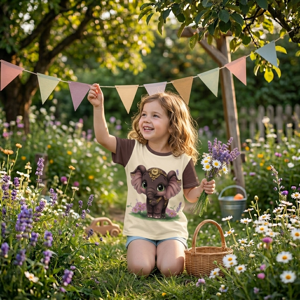 Beige-braunes Kinder T-Shirt mit Aufdruck eines niedlichen, illustrierten Elefanten mit großen grünen Augen und verziertem Kopfschmuck auf einer kleinen Blumenwiese.