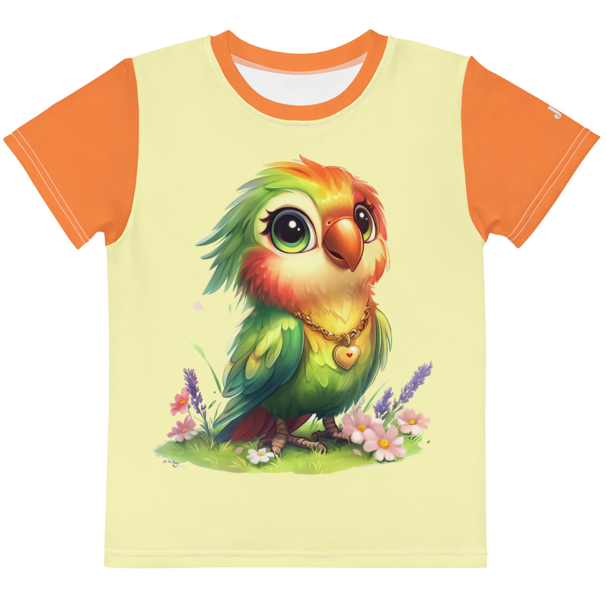 Gelbes Kinder T-Shirt mit orangefarbenen Ärmeln und dem Aufdruck eines niedlichen, bunten Papageien mit großen Augen und Herz-Halskette, umgeben von kleinen Blumen.