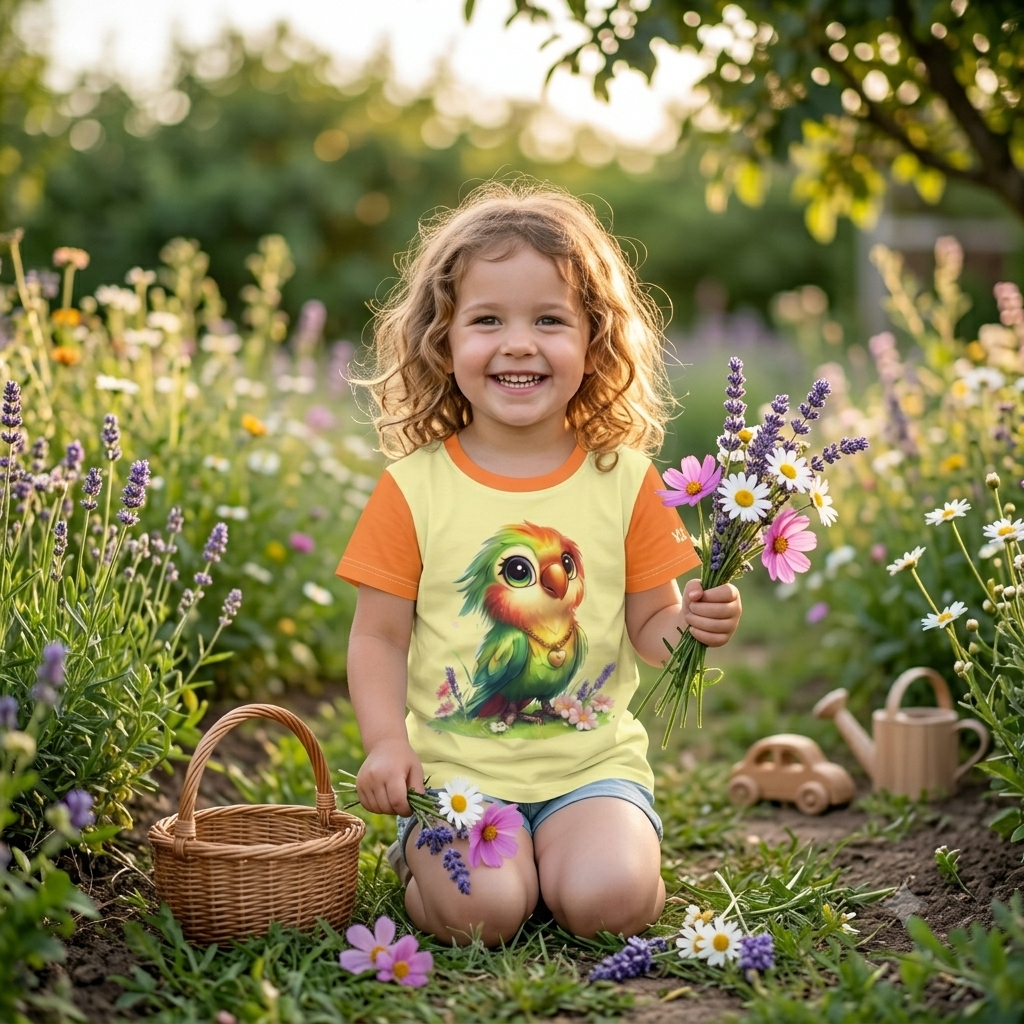 Gelbes Kinder T-Shirt mit orangefarbenen Ärmeln und dem Aufdruck eines niedlichen, bunten Papageien mit großen Augen und Herz-Halskette, umgeben von kleinen Blumen.