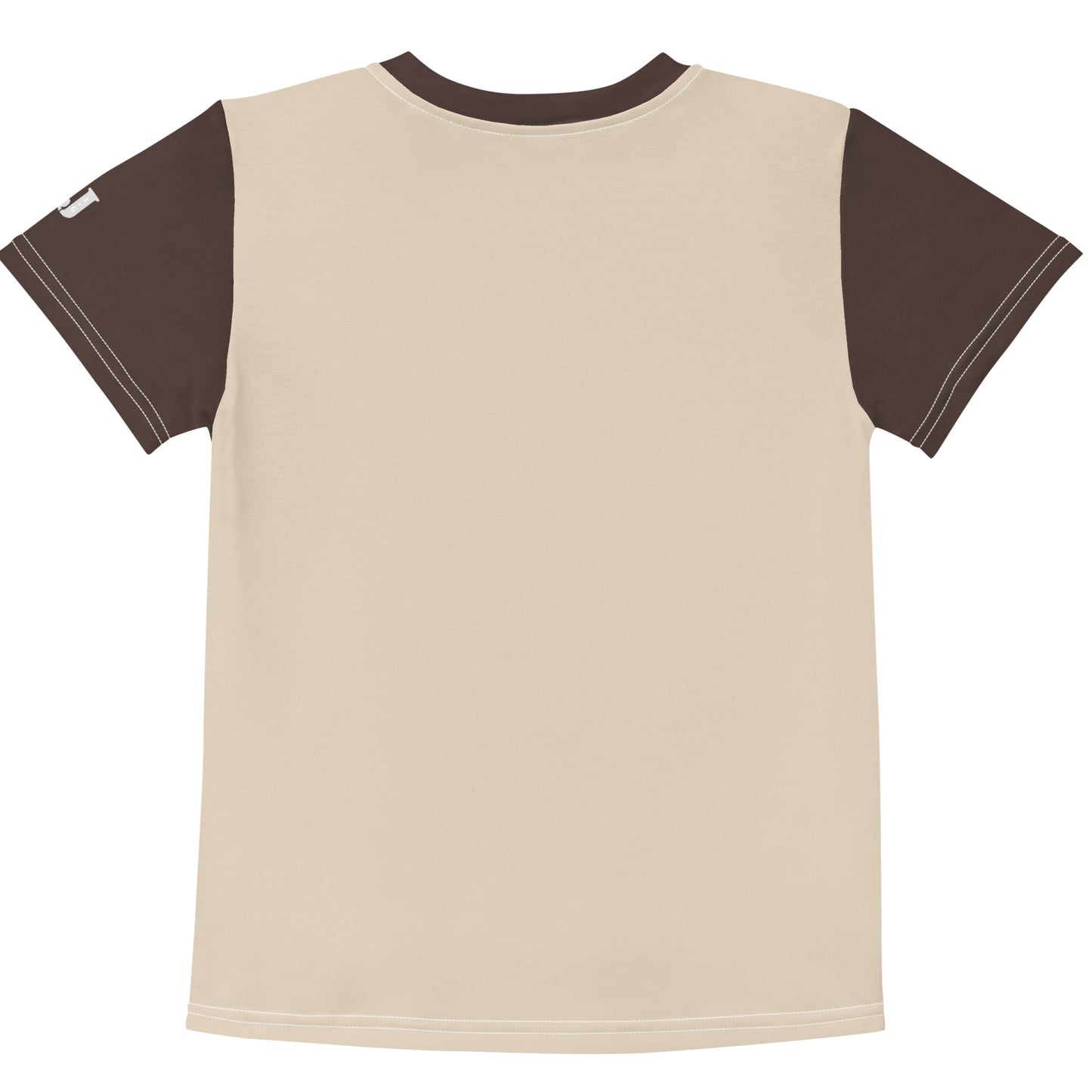 Beige braunes Kinder T-Shirt bedruckt mit Brunobärchen mit grünen Augen und Herz-Halskette auf einer Blumenwiese.
