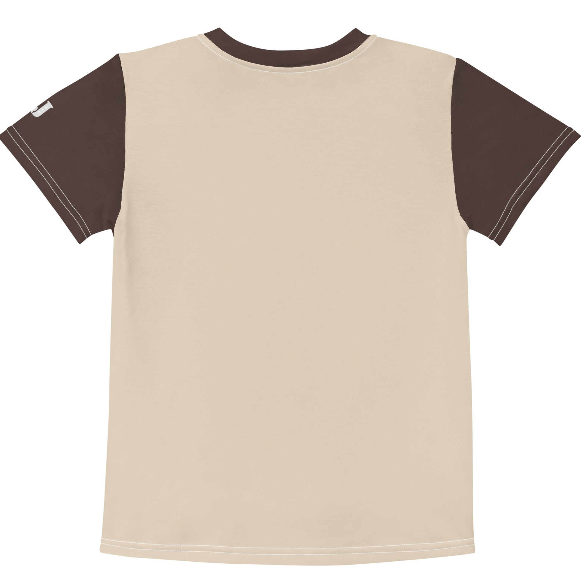 Beige braunes Kinder T-Shirt bedruckt mit Brunobärchen mit grünen Augen und Herz-Halskette auf einer Blumenwiese.