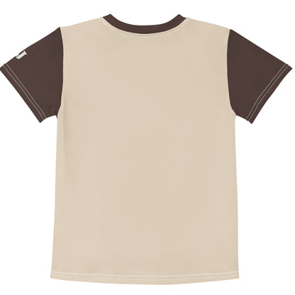 Beige braunes Kinder T-Shirt bedruckt mit Brunobärchen mit grünen Augen und Herz-Halskette auf einer Blumenwiese.