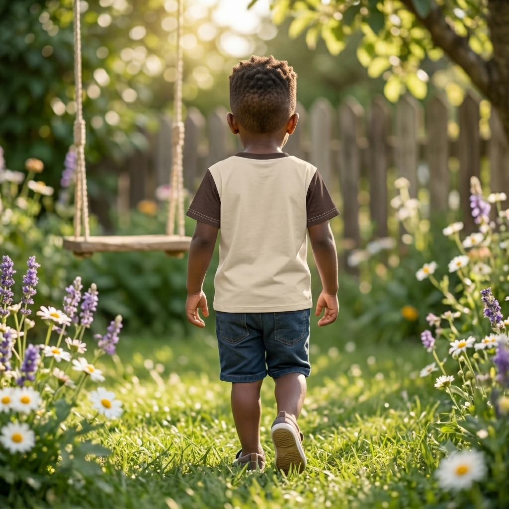 Beige braunes Kinder T-Shirt bedruckt mit Brunobärchen mit grünen Augen und Herz-Halskette auf einer Blumenwiese.