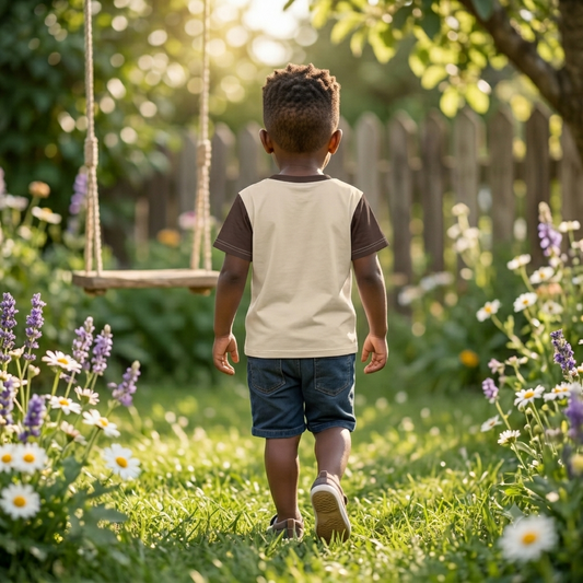 Beige braunes Kinder T-Shirt bedruckt mit Brunobärchen mit grünen Augen und Herz-Halskette auf einer Blumenwiese.