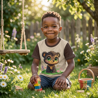 Beige braunes Kinder T-Shirt bedruckt mit Brunobärchen mit grünen Augen und Herz-Halskette auf einer Blumenwiese.
