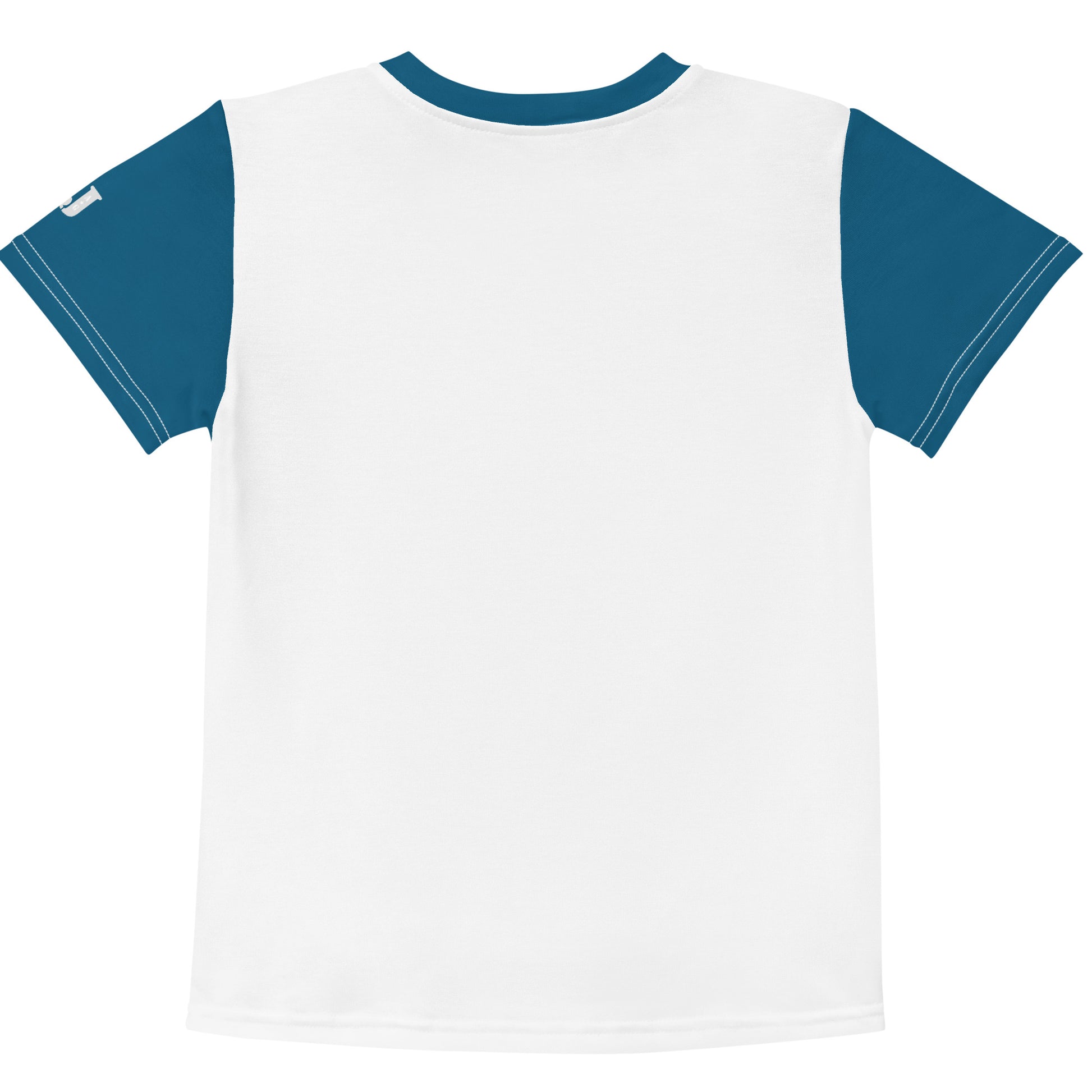 Weißes Kinder T-Shirt mit Petrol farbenen Ärmeln bedruckt mit Pfau Fräulein Percy mit bunten Federn und Herz-Halskette auf einer Blumenwiese.