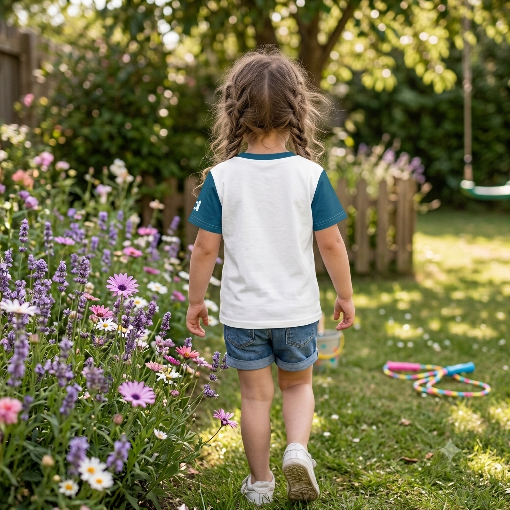 Weißes Kinder T-Shirt mit Petrol farbenen Ärmeln bedruckt mit Pfau Fräulein Percy mit bunten Federn und Herz-Halskette auf einer Blumenwiese.