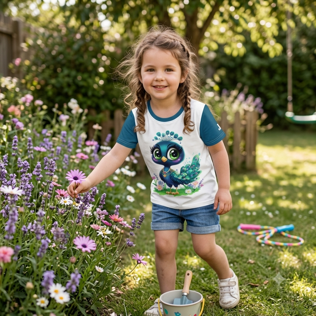 Weißes Kinder T-Shirt mit Petrol farbenen Ärmeln bedruckt mit Pfau Fräulein Percy mit bunten Federn und Herz-Halskette auf einer Blumenwiese.