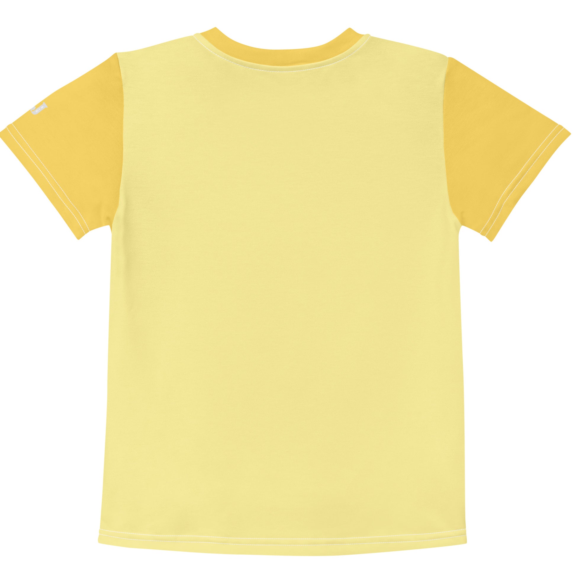 Gelbes Kinder T-Shirt mit sonnen gelben farbenen Ärmeln und dem Aufdruck einer niedlichen Baby-Giraffe mit großen Augen und Blumenverzierungen in einem blühenden Garten.