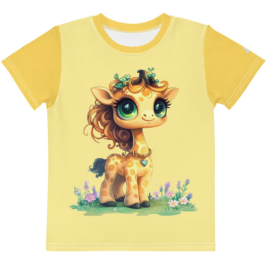 Gelbes Kinder T-Shirt mit sonnen gelben farbenen Ärmeln und dem Aufdruck einer niedlichen Baby-Giraffe mit großen Augen und Blumenverzierungen in einem blühenden Garten.