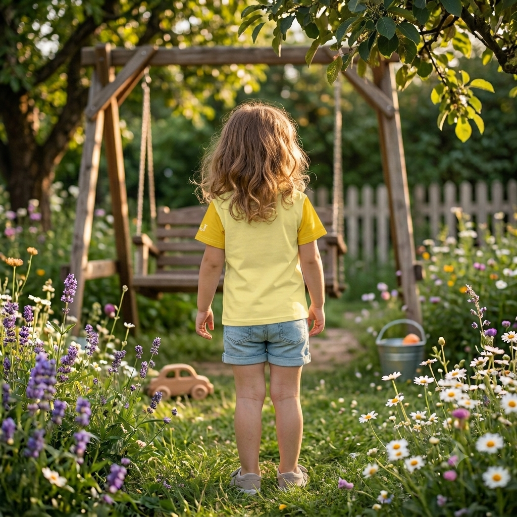 Gelbes Kinder T-Shirt mit sonnen gelben farbenen Ärmeln und dem Aufdruck einer niedlichen Baby-Giraffe mit großen Augen und Blumenverzierungen in einem blühenden Garten.