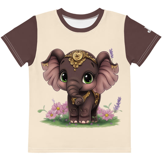 Beige-braunes Kinder T-Shirt mit Aufdruck eines niedlichen, illustrierten Elefanten mit großen grünen Augen und verziertem Kopfschmuck auf einer kleinen Blumenwiese.