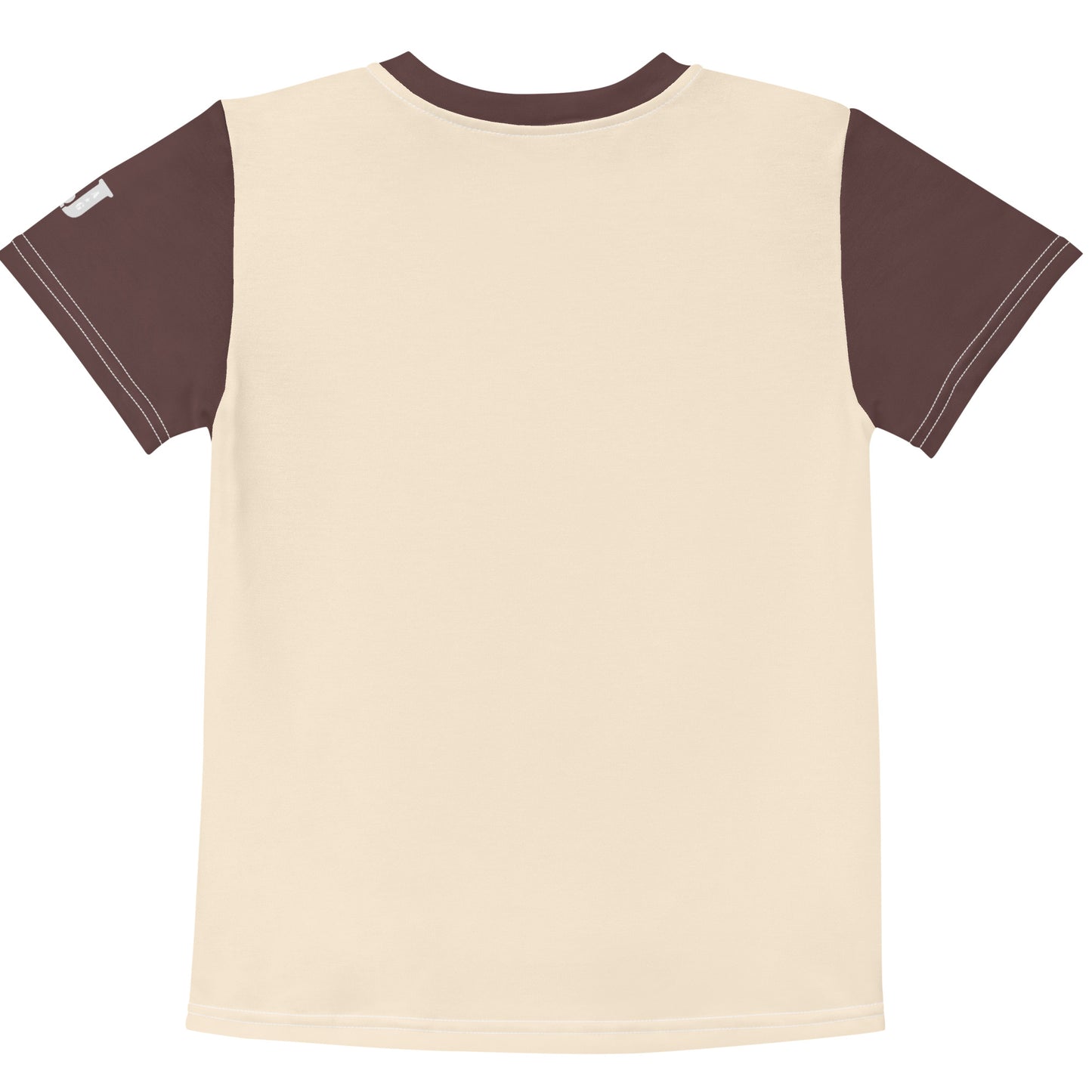 Beige-braunes Kinder T-Shirt mit Aufdruck eines niedlichen, illustrierten Elefanten mit großen grünen Augen und verziertem Kopfschmuck auf einer kleinen Blumenwiese.