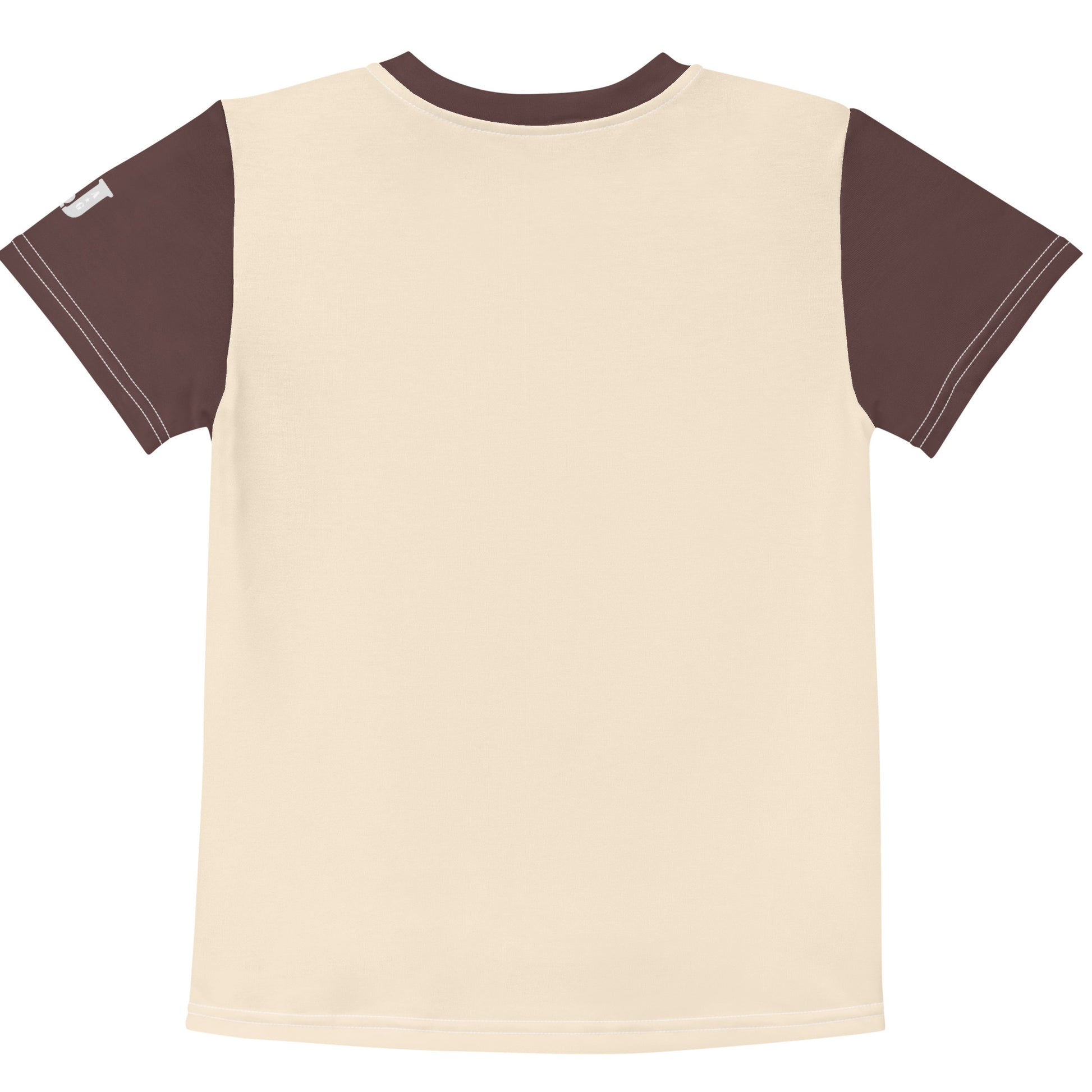 Beige-braunes Kinder T-Shirt mit Aufdruck eines niedlichen, illustrierten Elefanten mit großen grünen Augen und verziertem Kopfschmuck auf einer kleinen Blumenwiese.