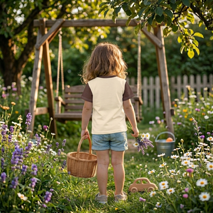 Beige-braunes Kinder T-Shirt mit Aufdruck eines niedlichen, illustrierten Elefanten mit großen grünen Augen und verziertem Kopfschmuck auf einer kleinen Blumenwiese.