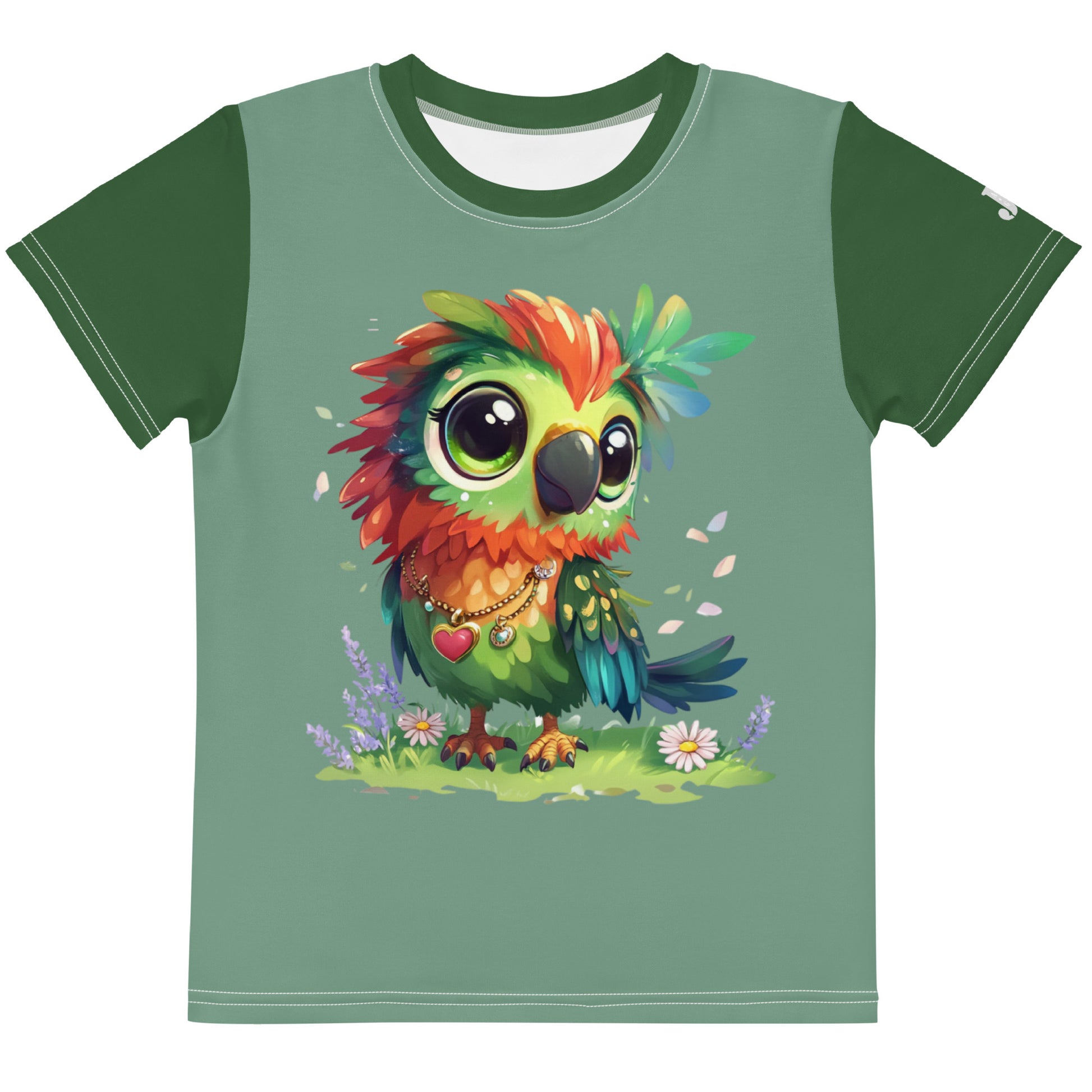 Grünes Kinder T-Shirt bedruckt mit Papagei Lori mit bunten Federn und Herz-Halskette auf einer Blumenwiese.