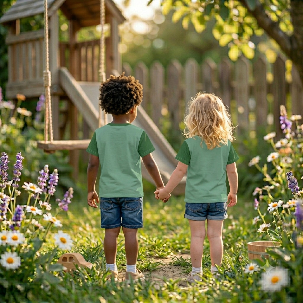 Grünes Kinder T-Shirt bedruckt mit Papagei Lori mit bunten Federn und Herz-Halskette auf einer Blumenwiese.