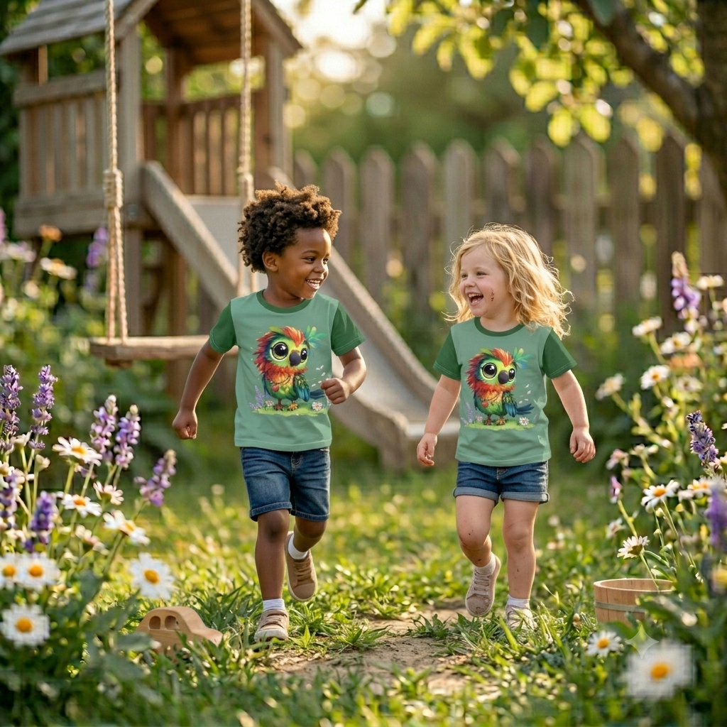 Grünes Kinder T-Shirt bedruckt mit Papagei Lori mit bunten Federn und Herz-Halskette auf einer Blumenwiese.