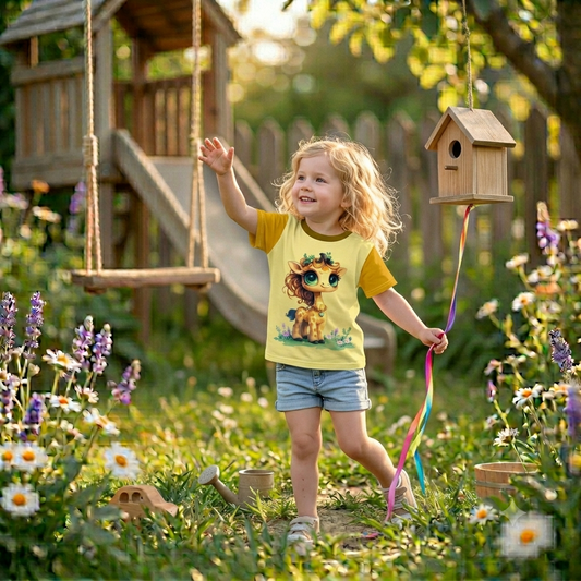 Gelbes Kinder T-Shirt mit sonnen gelben farbenen Ärmeln und dem Aufdruck einer niedlichen Baby-Giraffe mit großen Augen und Blumenverzierungen in einem blühenden Garten.