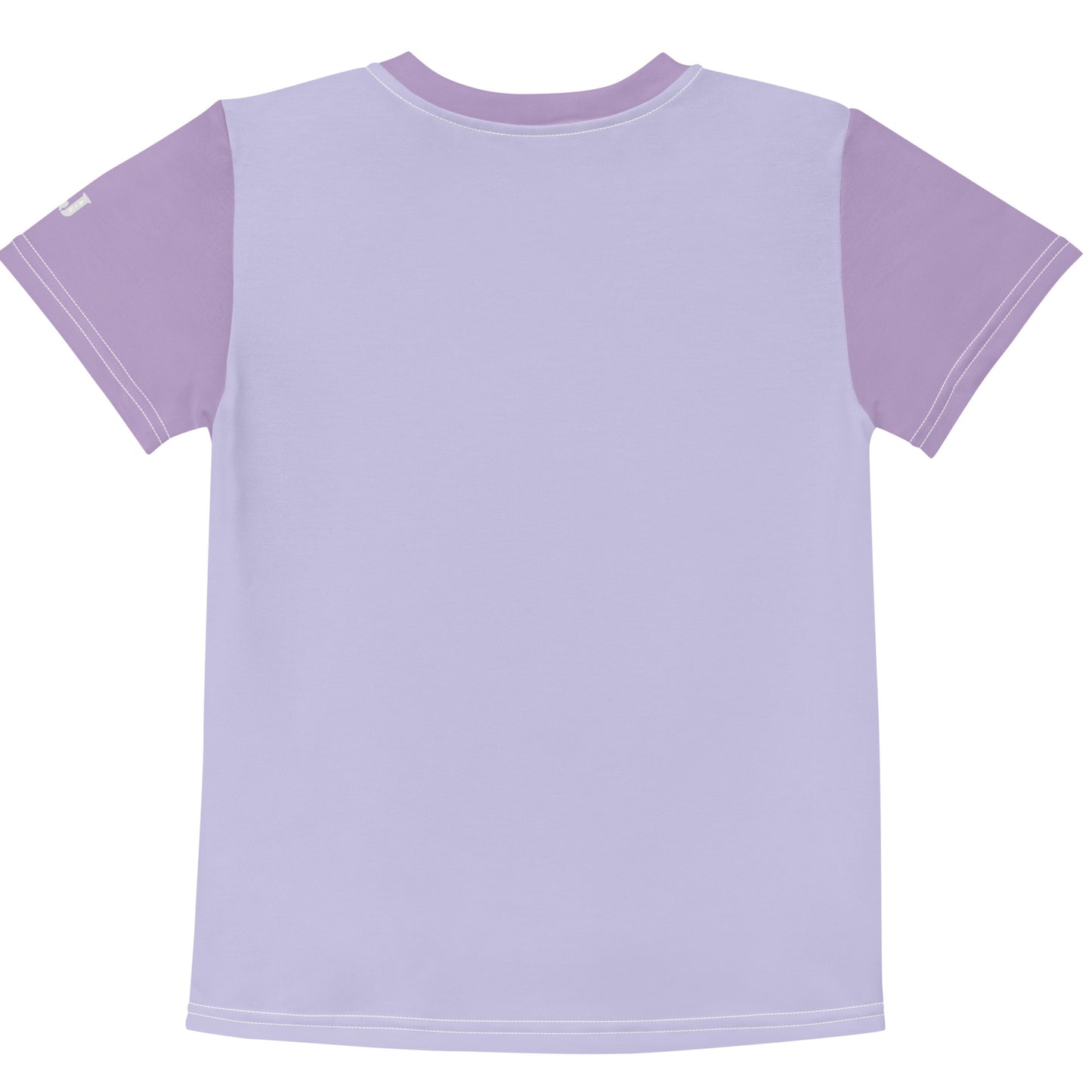 Fliederfarbenes Kinder T-Shirt mit dunkelvioletten Ärmeln und Motiv eines illustrierten braunen Ponys mit großen grünen Augen auf einer Wiese.