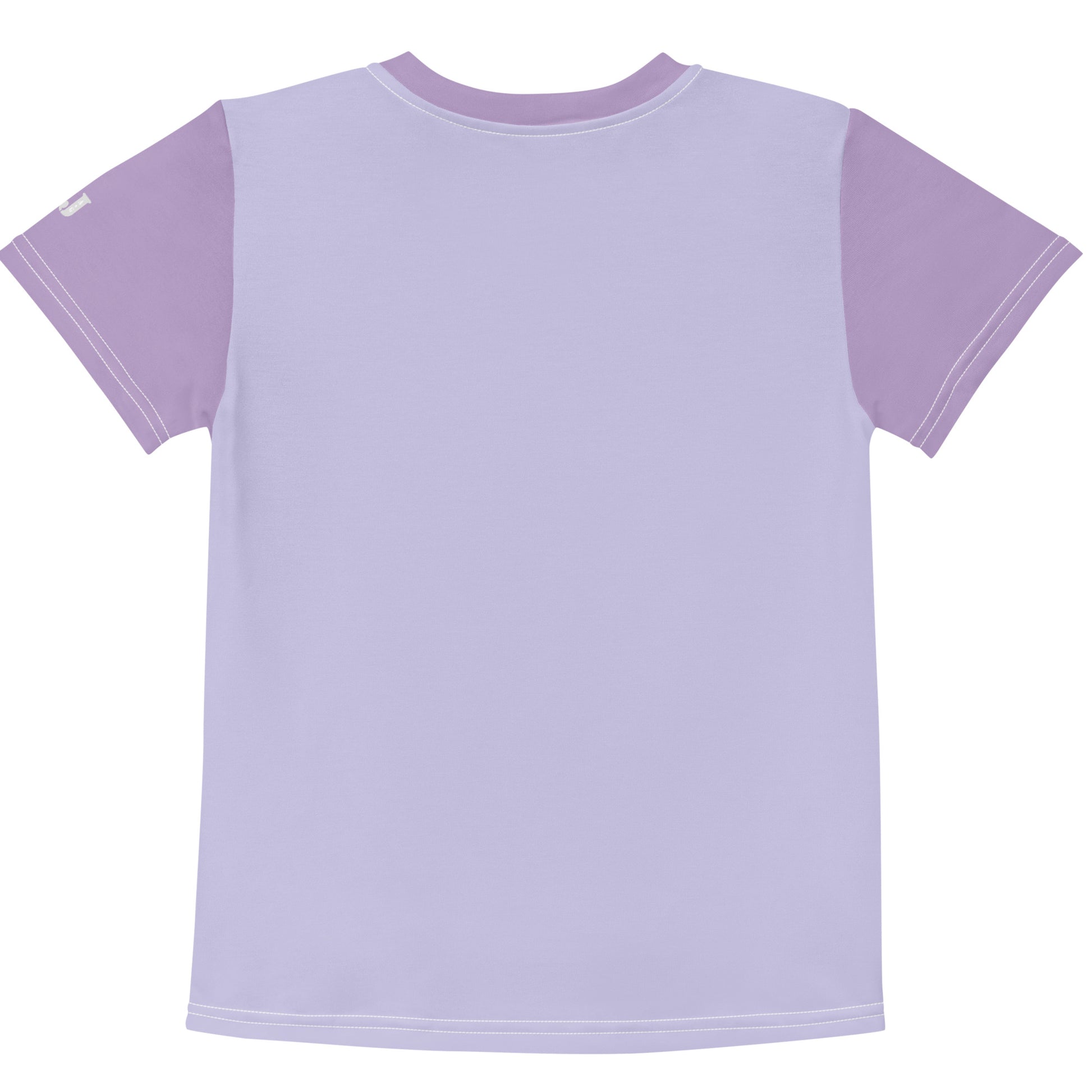 Fliederfarbenes Kinder T-Shirt mit dunkelvioletten Ärmeln und Motiv eines illustrierten braunen Ponys mit großen grünen Augen auf einer Wiese.