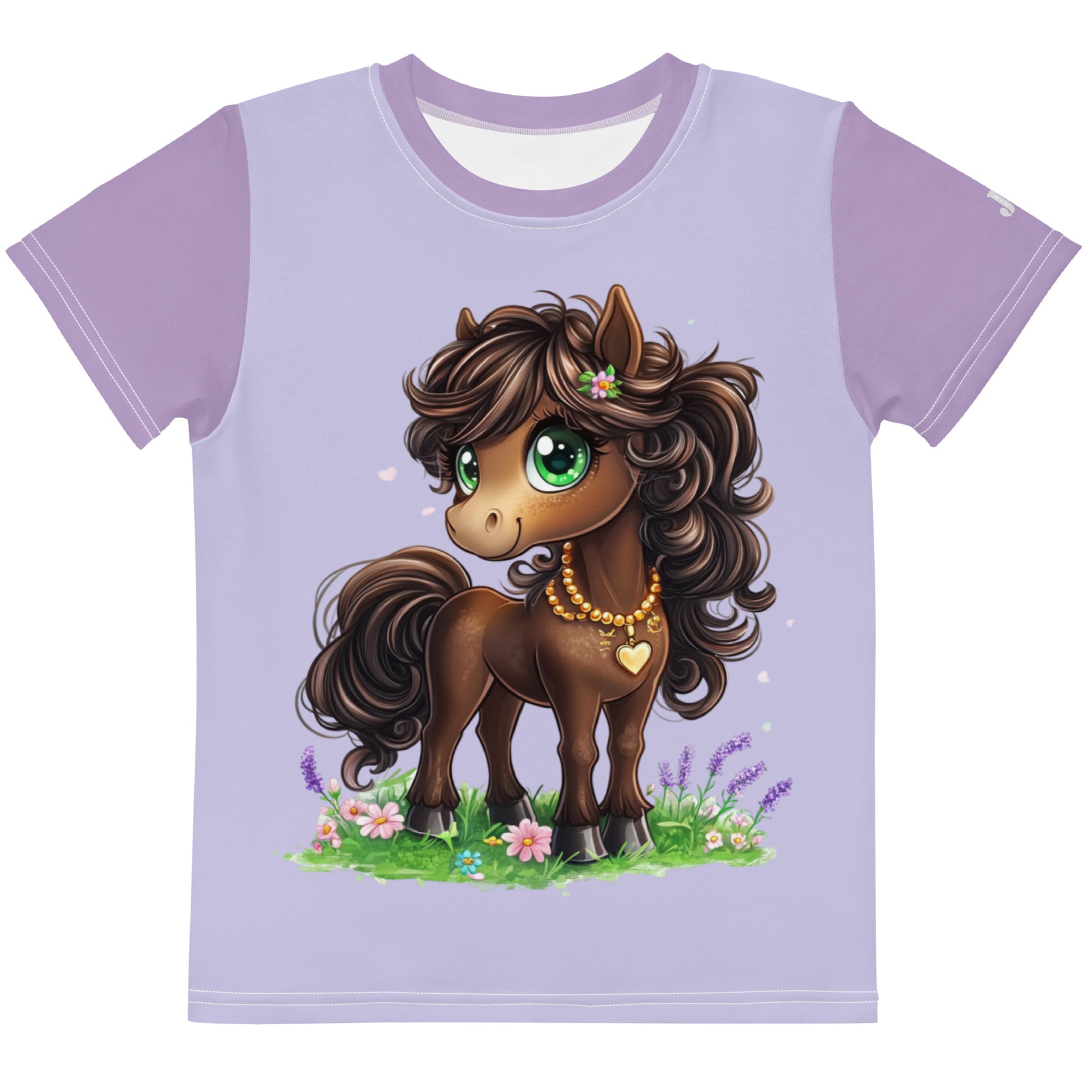Fliederfarbenes Kinder T-Shirt mit dunkelvioletten Ärmeln und Motiv eines illustrierten braunen Ponys mit großen grünen Augen auf einer Wiese.
