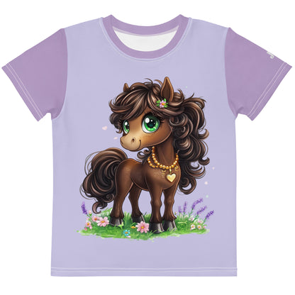 Fliederfarbenes Kinder T-Shirt mit dunkelvioletten Ärmeln und Motiv eines illustrierten braunen Ponys mit großen grünen Augen auf einer Wiese.