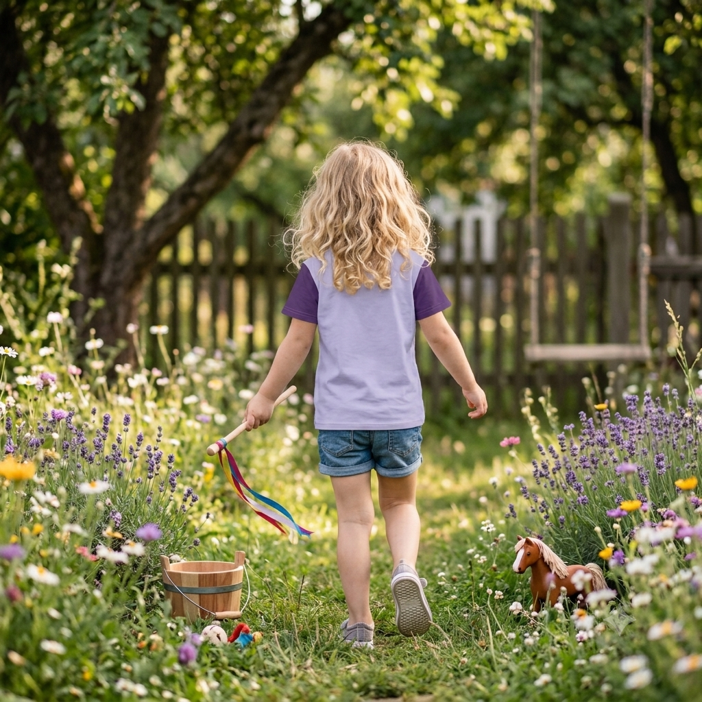 Fliederfarbenes Kinder T-Shirt mit dunkelvioletten Ärmeln und Motiv eines illustrierten braunen Ponys mit großen grünen Augen auf einer Wiese.